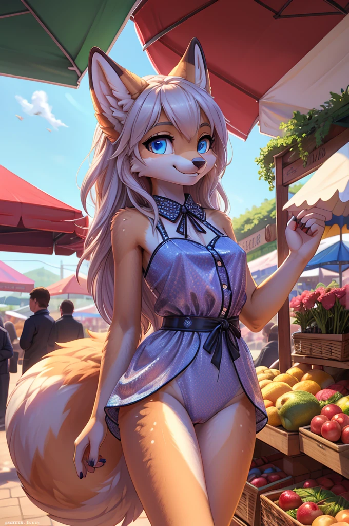 Beautiful, (masterpiece), high quality, perfect lighting, Highly detailed CG Unity 8k wallpaper, High resolution, perfect lighting, youthful, tall, slim, skinny, frail slender figure, slim legs, distinctly feminine figure, narrow hips, long legs, close-up shot Anthropomorphic fox character, CG Unity, youthful, tall, slim, beautiful feminine figure, narrow hips, fluffy fuzzy volumetric white and gray fur, wearing a playful outfit with a polka-dot blouse, silk romper, close up shot of fluffy inner thighs, at a bustling farmer's market, comparing her body with a human who is admiring her fluffy tail and fur, cheerful smile, bright blue eyes, market stalls filled with fresh produce and flowers in the background, pressed together, inner thighs focus