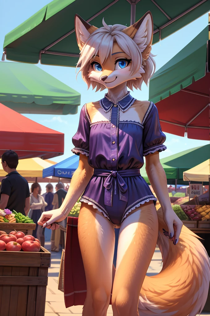 Beautiful, (masterpiece), high quality, perfect lighting, Highly detailed CG Unity 8k wallpaper, High resolution, perfect lighting, youthful, tall, slim, skinny, frail slender figure, slim legs, distinctly feminine figure, narrow hips, long legs, close-up shot Anthropomorphic fox character, CG Unity, youthful, tall, slim, beautiful feminine figure, narrow hips, fluffy fuzzy volumetric white and gray fur, wearing a playful outfit with a polka-dot blouse, silk romper, close up shot of fluffy inner thighs, at a bustling farmer's market, comparing her body with a human who is admiring her fluffy tail and fur, cheerful smile, bright blue eyes, market stalls filled with fresh produce and flowers in the background, pressed together, inner thighs focus