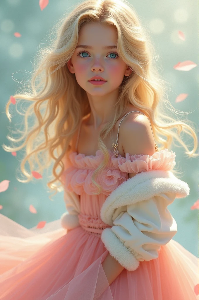 A girl with blonde hair and pink dress with white off shoulder jacket