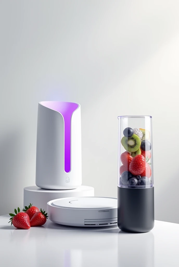 Create a super realistic neutral background scene, in a modern and clean style. The scene must include the following utensils:
A tabletop air purifier, with a purple inner light visible through a white cylindrical structure.
A white robot vacuum cleaner with a minimalist design.
A black portable blender with a clear bottle containing fresh fruits, como morangos, kiwis and blueberries, with a compact and ergonomic design, and a side handle for easy carrying.
