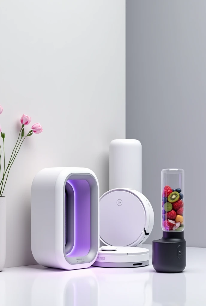Create a super realistic neutral background scene, in a modern and clean style. The scene must include the following utensils:
A tabletop air purifier, with a purple inner light visible through a white cylindrical structure.
A white robot vacuum cleaner with a minimalist design.
A black portable blender with a clear bottle containing fresh fruits, como morangos, kiwis and blueberries, with a compact and ergonomic design, and a side handle for easy carrying.