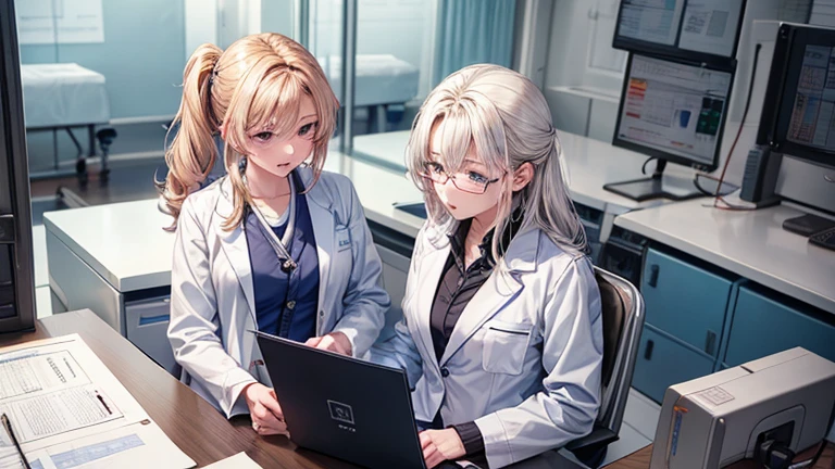 A female doctor in a white coat、Please draw an illustration of a doctor examining a patient in a hospital examination room.。The female doctor is explaining things to the patient kindly.、In the background, a desk with medical equipment and charts is depicted.。