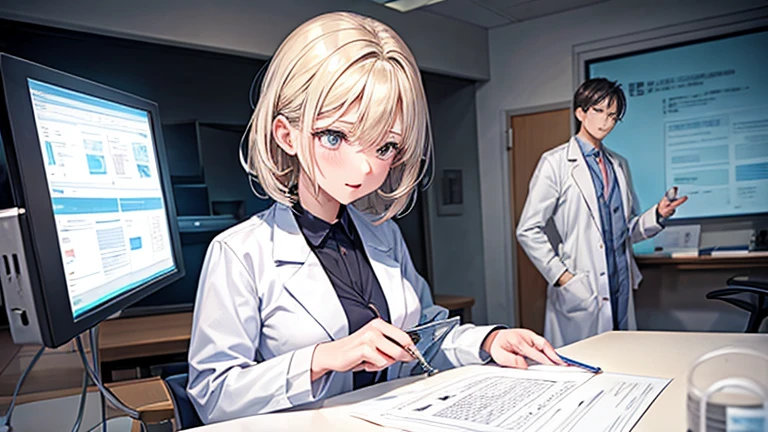 A female doctor in a white coat、Please draw an illustration of a doctor examining a patient in a hospital examination room.。The female doctor is explaining things to the patient kindly.、In the background, a desk with medical equipment and charts is depicted.。
