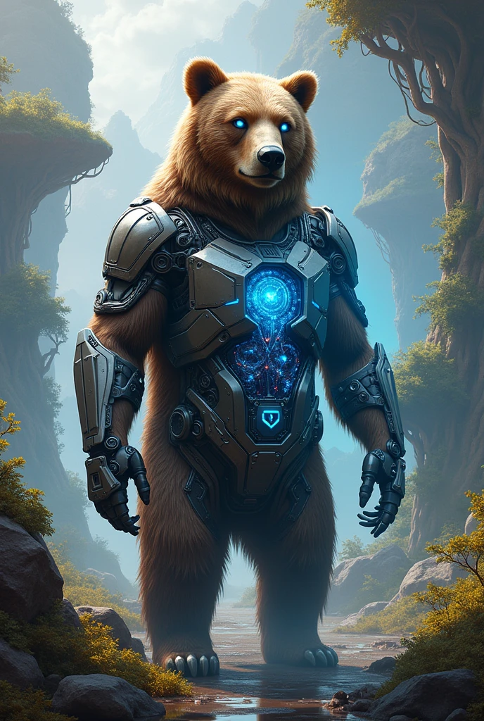 "In a surreal, dreamlike landscape, a majestic brown bear stands tall, with parts of its body seamlessly fused with advanced cyborg technology. The bear’s fur blends into sleek, metallic armor plating, while one side of its body is partially transparent, revealing intricate mechanical organs and glowing circuits beneath. Its eyes shine with a soft, electric blue light, exuding both the primal power of nature and the cutting-edge intelligence of a machine. The background is a fantastical mix of floating islands, twisted trees, and swirling, vibrant skies, creating an otherworldly environment that highlights the bear’s dual nature. The ground beneath its feet is covered in bioluminescent plants, casting a soft glow that contrasts with the bear’s metallic elements, making it the focal point of this stunning, surreal scene."