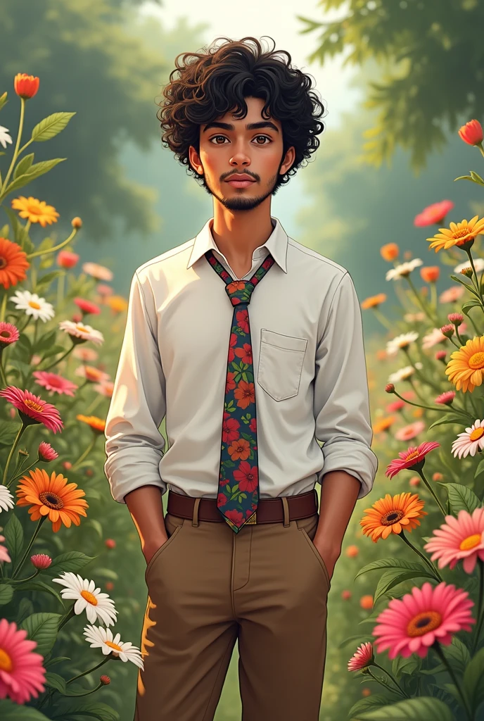 Boy, black colour, curly hair,middle eyes, beard short , middle ear , height 5.4 ft , white shirt , brown paint with tai seat in different colour flower garden