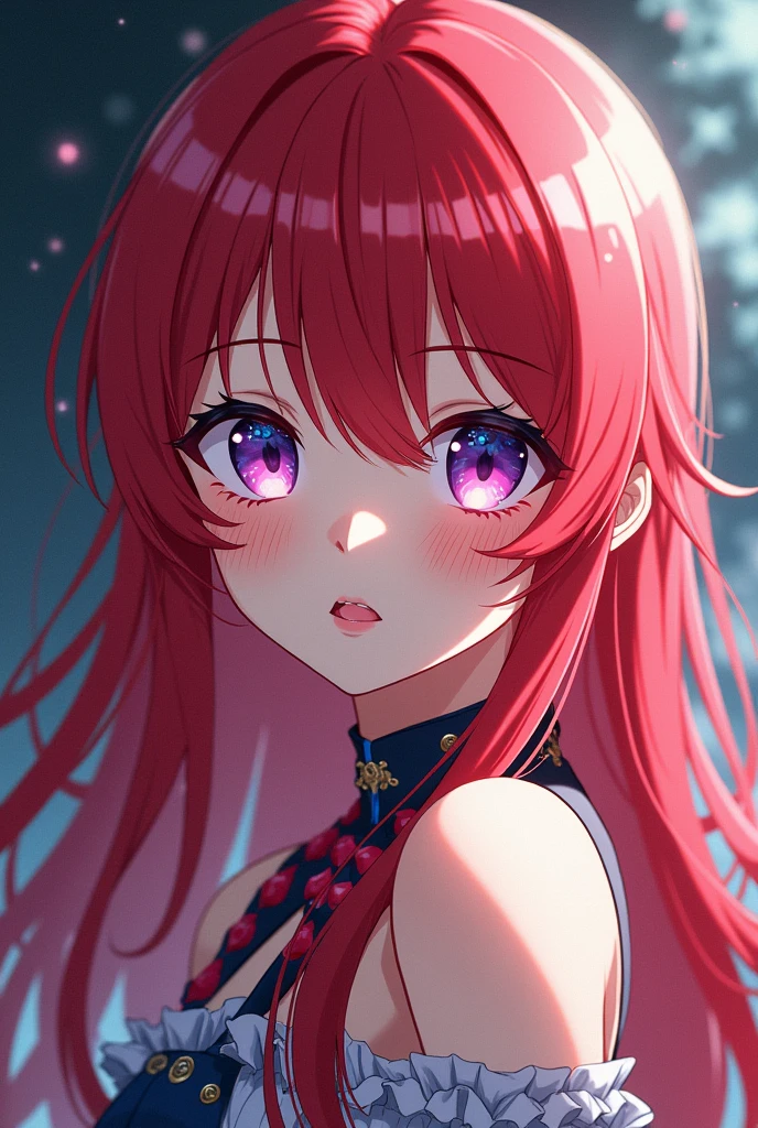 Long red hair with a long white lock , One eye is blue and the other eye is purple., beautiful medium bust, with freckles on his face. anime