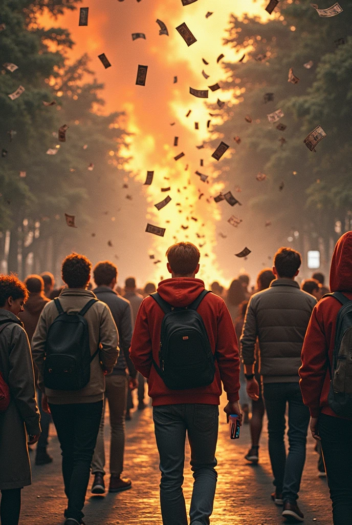 Raining money on fire, different people walking on the street using cell phones and ignoring, forest in the background on fire , smoke and fire in the trees
