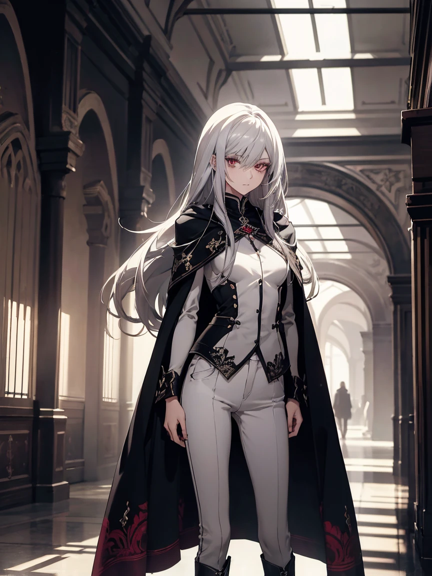 (Confused, High resolution, Very detailed), 1 female, Silver Hair,Long Hair,Crimson Eyes,Black and white clothes,27th generation,beauty,mature,thin,quiet,A soft smile,Cape,Slender and thin,boots,skinny pants,lobby,Small breasts,