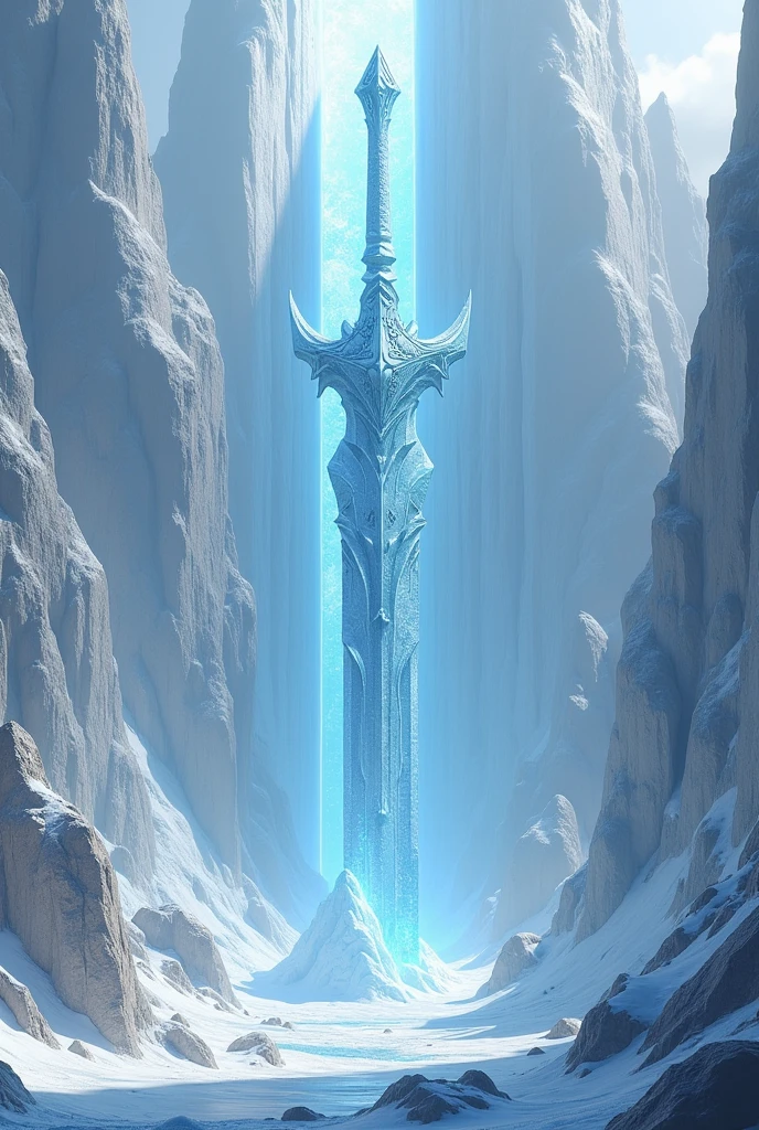 3D view, a giant sword made of ice is inserted into a towering mountain, the mountain is made of white marble