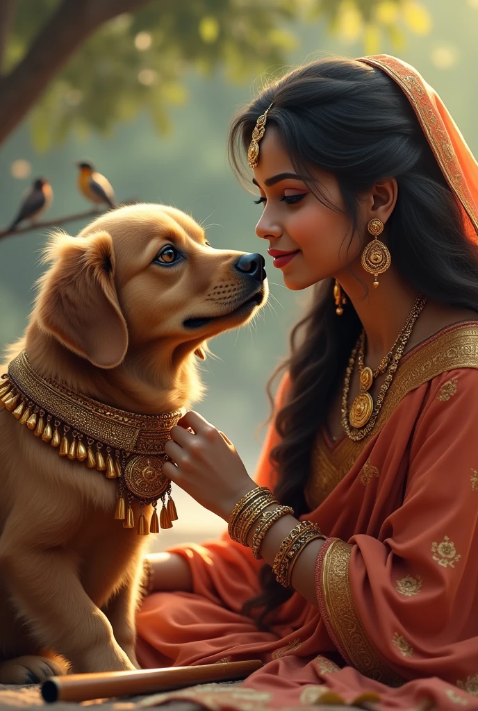 Devaki feeding to Lord Krishna in his childhood. Here Krishna is depicted as a golden retriever dog, the dog's color is a very little dark brown but not completely dark brown. The dog will be little brown. Devaki will be feeding him, A flute will be present next to the dog. In the background there will be a tree and some birds. Dog will be decorated like Lord Krishna and the dog will be wearing Indian traditional dress. Both dog and devaki face is clearly visible. Please keep a small flute next to the dog. Devaki eyes are open and attractive.