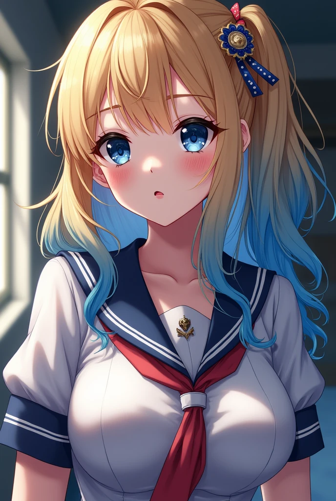 A cute girl with blonde hair mixed with blue at the ends, her eyes have lapped eyelashes, her eye lenses are navy blue, wearing a tight school uniform reveals her curves and has big breasts, her skin is white and her lips are light pink, then the girl poses seductively . Dan dia menggunakan hiasan di rambutnya yang indah