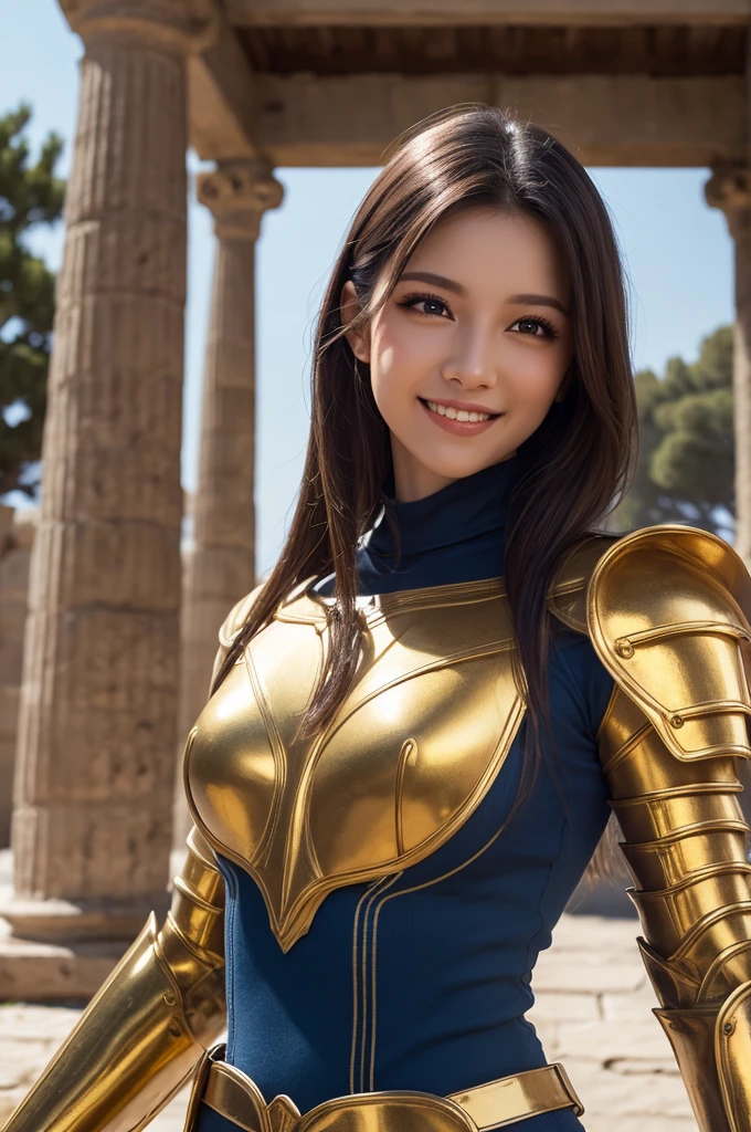 (masterpiece:1.2), (best quality,:1.2), 8k, HDR, ultra detailed, ((photorealistic:1.3)), professional light, cinematic lighting, fashion photography, ambient lighting, atmospheric effects, OverallDetail, (the outside of a temple,An ancient greek temple,floor strewn with rose petals, (outdoors:1.5),) background,temple, epiCPhoto, BREAK 
[realistic,beautiful woman,eyelashes, soft makeup,looking at viewer,perfect lighting,(cowboy shot,sexy pose,wide shot),piscesarmor,wearing golden armor, long blue hair,golden armor, ((realistic ultra detailed Armor)),(shinning armor:1.2),fit body], smile, happy face, perfect handsGirl wearing golden armor,best quality,(realistic:1.6)