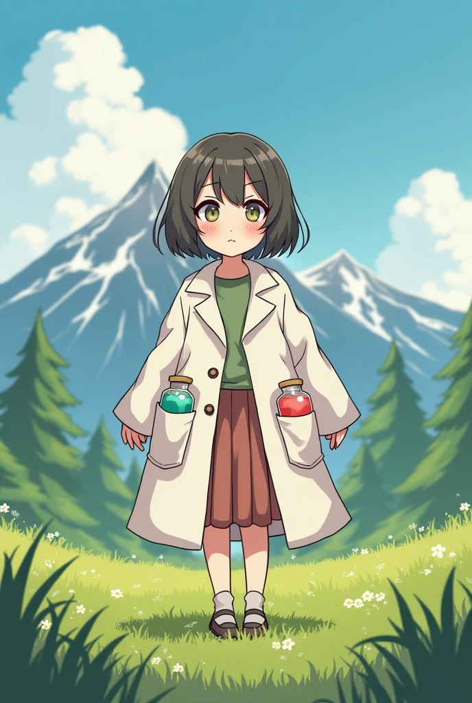 Short cute girl, short hair.
her face is cute when she pouts, her cheeks are soft.
Wearing a lab coat that is too big for his body size, white.
Several different colored potions were tucked into the pockets of his lab coat..
Posing proudly with hands on lap.
Green field background with alpine mountain view.