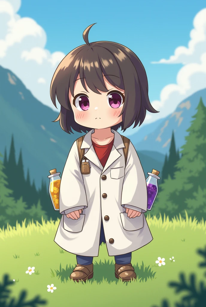 Short cute girl, short hair.
her face is cute when she pouts, her cheeks are soft.
Wearing a lab coat that is too big for his body size, white.
Several different colored potions were tucked into the pockets of his lab coat..
Posing proudly with hands on lap.
Green field background with alpine mountain view.