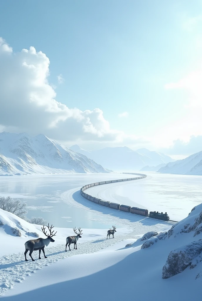 Huge icy lake and train in snowy plain.and a lot of reindeers