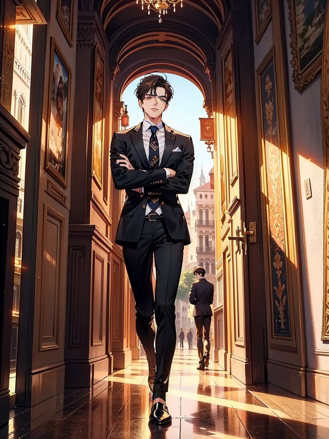 Constantine the Great. syojyomanga.Anime. Reincarnation of Roman Emperor Constantine the Great.A mature, successful businessman, a modern reincarnation of Constantine the Great, a serious and attractive young man with a kind and earnest expression, a calm and composed demeanor, capable of being resolute when necessary, bright and piercing lion-like eyes, ((deep golden eyes)), in the scenic landscape of Venice at dawn.. He is hard working and efficient. Warm and sincere. He is kind and gentle, but he is also a cool-headed and ambitious man. Cool summer evening. refreshing breeze. High quality suit. Bright and keen-eyed, he cherishes and embraces the girl he loves. hyper quality. Super beautiful. Sweet and elegant. modern classical. Luxurious and graceful.