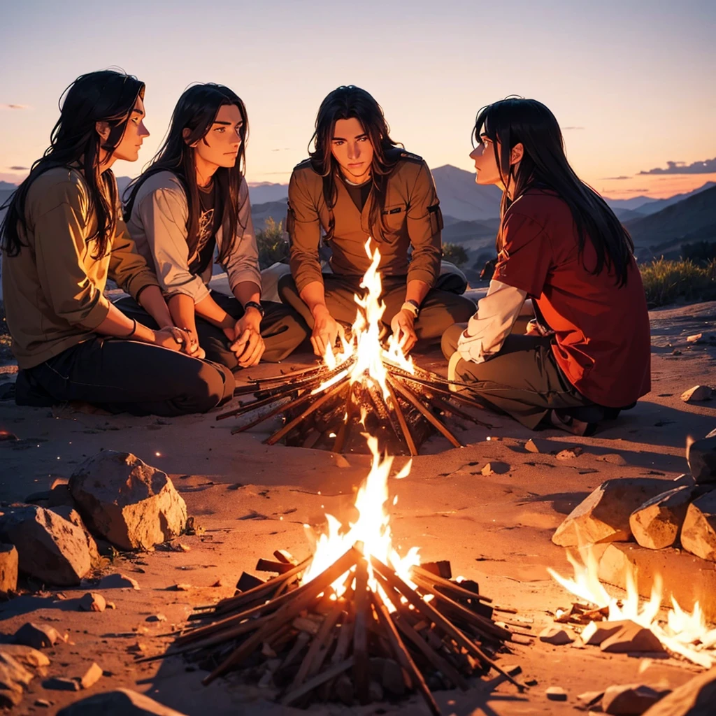 Three men Three men with long hair sitting around a campfire and watching the sunset.