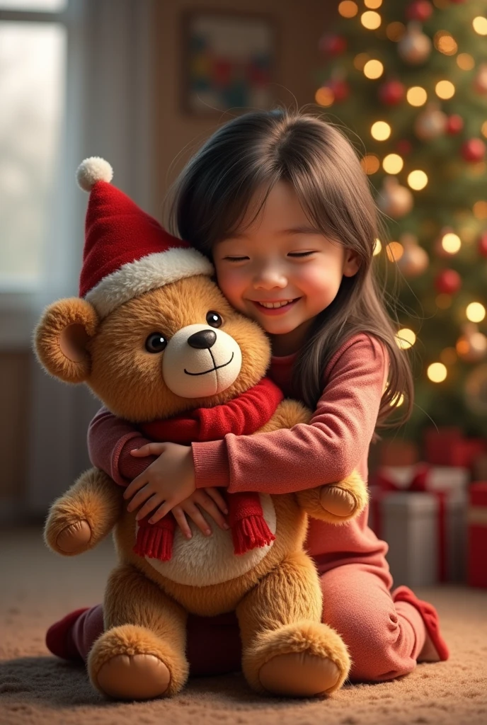 Stuffed teddy bear, teddy bear wearing Christmas clothes, girl holding and smiling at teddy bear, Christmas decorations in the room