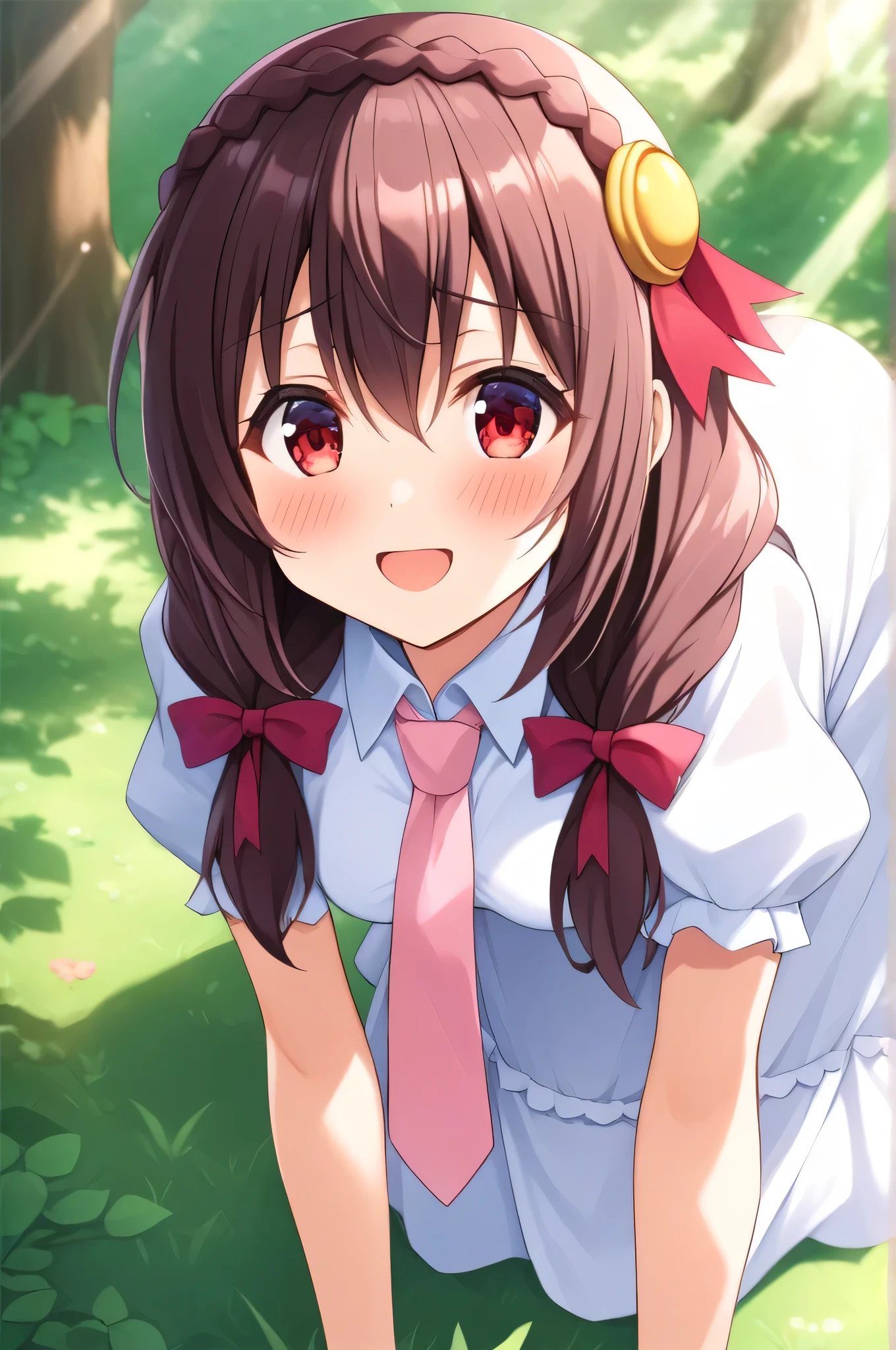 alone, One person, Yunyun, ♥、 (blush:1.5)、Crown braids of the same color as your hair、hair ornaments, Hair Ribbon, Pink tie, White dress, A very happy look、Sunlight filtering through the trees、On all fours