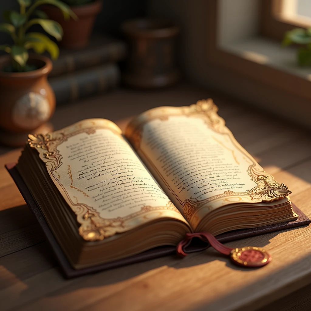 A 3D render of a thick, open book resting on a wooden surface. The book has a worn leather cover and intricate gold designs. The pages are beautifully detailed, with a mix of text and illustrations. On one of the open pages, there is a short, emotional greeting in an elegant, heartfelt font that reads: 'BIGURILHAS rapatabuas is the best quality ’. The fonts should be in a dark colour and legible.The book has a warm and inviting atmosphere, with soft lighting casting gentle shadows across the pages, giving a cozy and nostalgic feel.