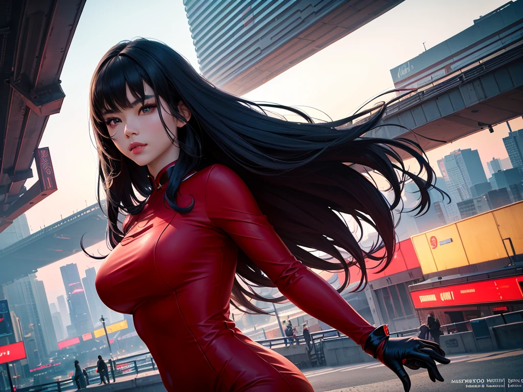A beautiful young asian woman, detailed face, detailed eyes, detailed lips, mesmerizing gaze, elegant hairstyle, wearing a stunning red dress, posing confidently, dramatic lighting, cinematic atmosphere, vibrant colors, fantasy sci-fi background, futuristic cityscape, dynamic composition, (best quality,8k,masterpiece:1.2),ultra-detailed,(realistic,photorealistic,photo-realistic:1.37),cinematic,dramatic lighting,sci-fi,neon city,vibrant colors