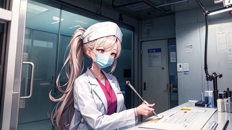 A female doctor in a white coat、Please draw an illustration of preparations being made in front of an operating theatre.。The female doctor wears a surgical cap and mask、A concentrated expression as he prepares for surgery。The background depicts an operating room door and disinfectant.。