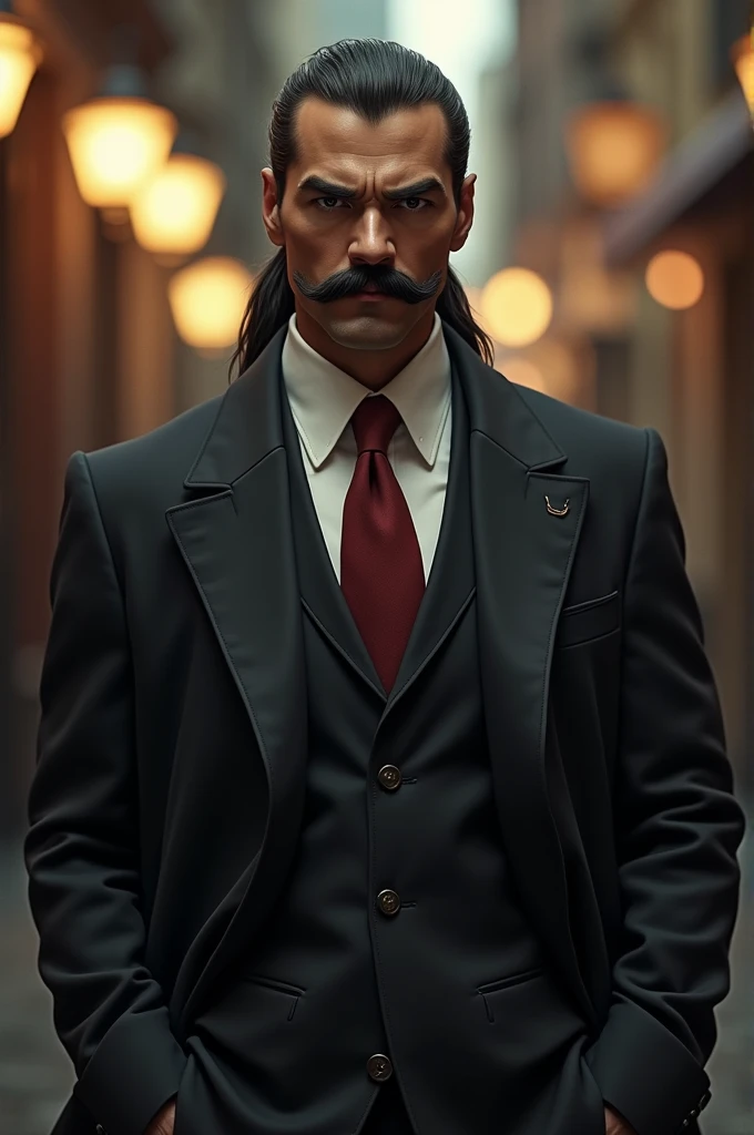A gangster guy who is 3 and always wear executive coats and suits .He have a growned moustache not beard. Long hair with pony tale . And an attittude face