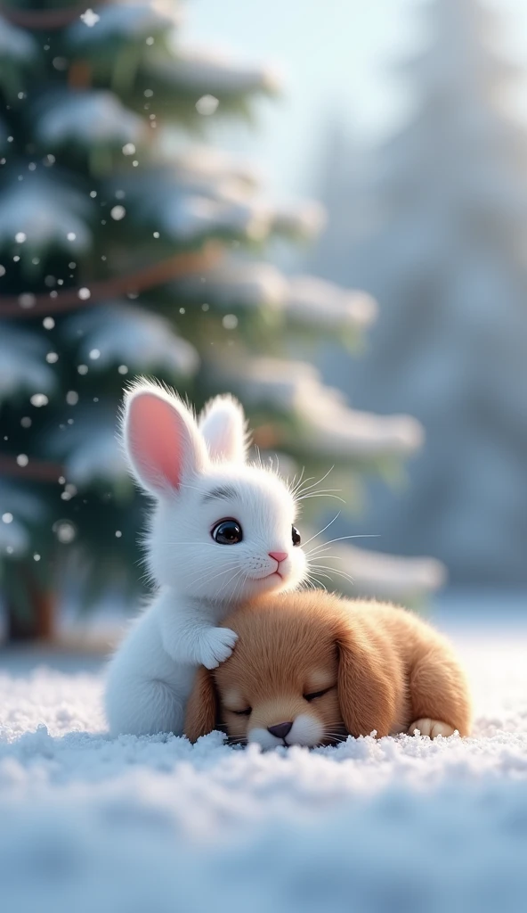 There is snow all around and snow is falling as well. There is a Christmas tree behind. There is a small white coloured rabbit baby whose eyes are very beautiful, its hair is like feathers. And there is a small dog baby who is very innocent and is brown in colour. The dog is sleeping on the snow below and the rabbit is standing very close to it and is watching it with full eyes.image in 3d animation