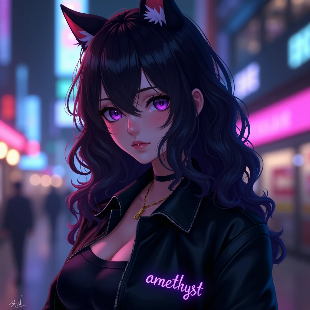anime girl with long curly hair  wearing black aesthetic jacket outfit with cat ears and with a purple text "amethyst" on her left part of her clothes, in citylights background, front view, medium close up angle