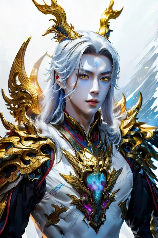  Handsome young xianxia protagonist,man,guy,long silver hair, Crimson red and golden amber eyes combination ,eyes focus detailed((no noice)),(((no noice))),and long silver hair with white undertone,and the golden rune motiv  scratched on his forehead((no noice)),use armour featuring like pattern on furr of white Tiger chinese with white dominant color,pauldron protective shape like dragon head,breastplate featuring like white Tiger,breastplate detailed white Tiger shape,shoulder protective dragon shape like white Tiger,sun and moon  background, white dominant color,white dominant color, white dominant color armour,with majestic silver line , ((no noice))And majestic golden  wings at back,wings at back,terrifying aura around,24K ultra hd,face and eyes detail,lips and face detail,masterpiece ,better quality,ultraa realistic face((no noice)),good face proportion,eyes detailed,((perfect face)),perfect eyes ,perfect lips proportion((balance lips)),perfect face proportion,((balance proportion of face)),((balance and perfect left and right eyes proportion)),((masterpiece))