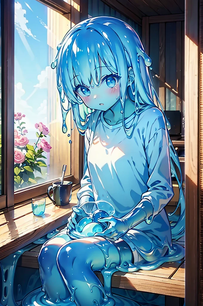 Slime Girl,light blue,composition,cute,Masterpiece,light blueのスライム,Transparent,Natural Light,