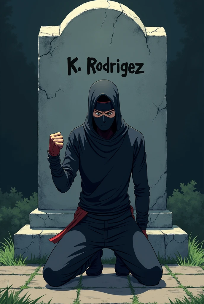 an anime style nimja with his fist raised and head down, kneeling in front of a tomb with the inscription k.rodriguez