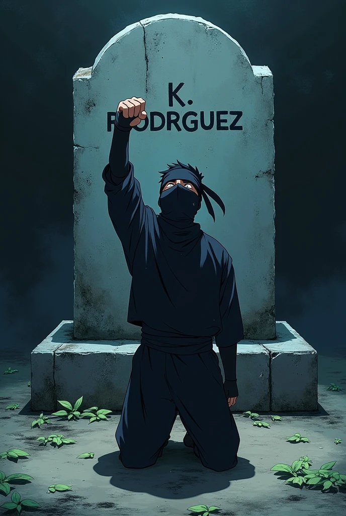 an anime style nimja with his fist raised and head down, kneeling in front of a tomb with the inscription k.rodriguez
