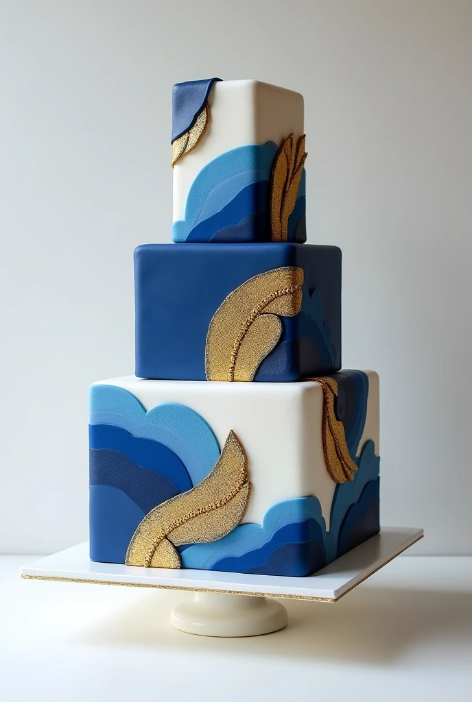white rectangle cake designed with colour dark blue and gold