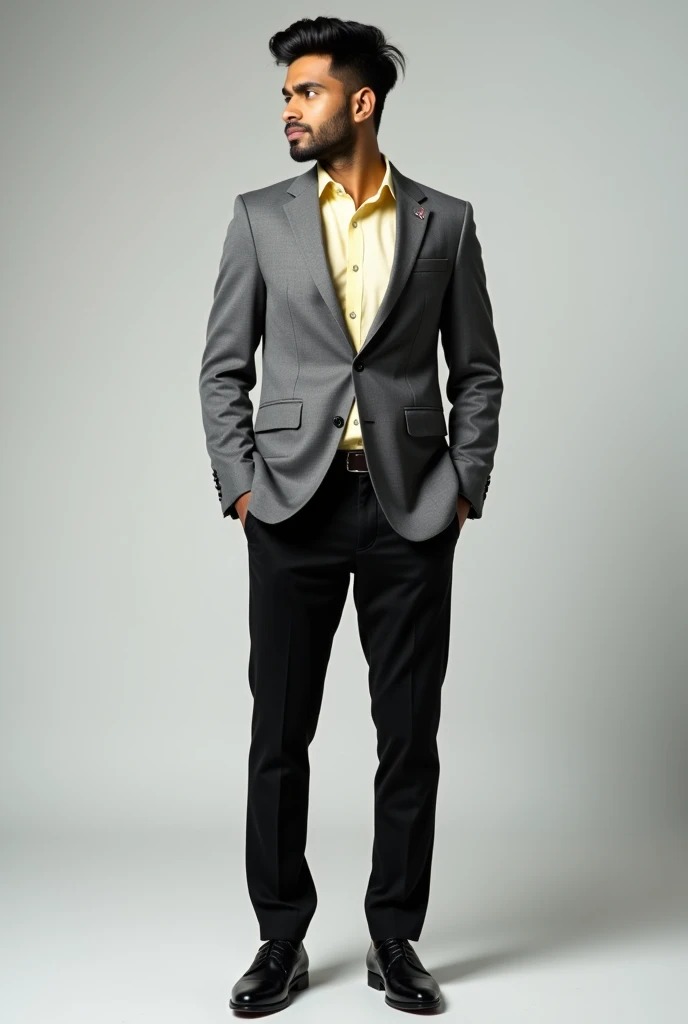 Brown young Indian wearing grey blazer and light yellow shirt with sinny black shoes