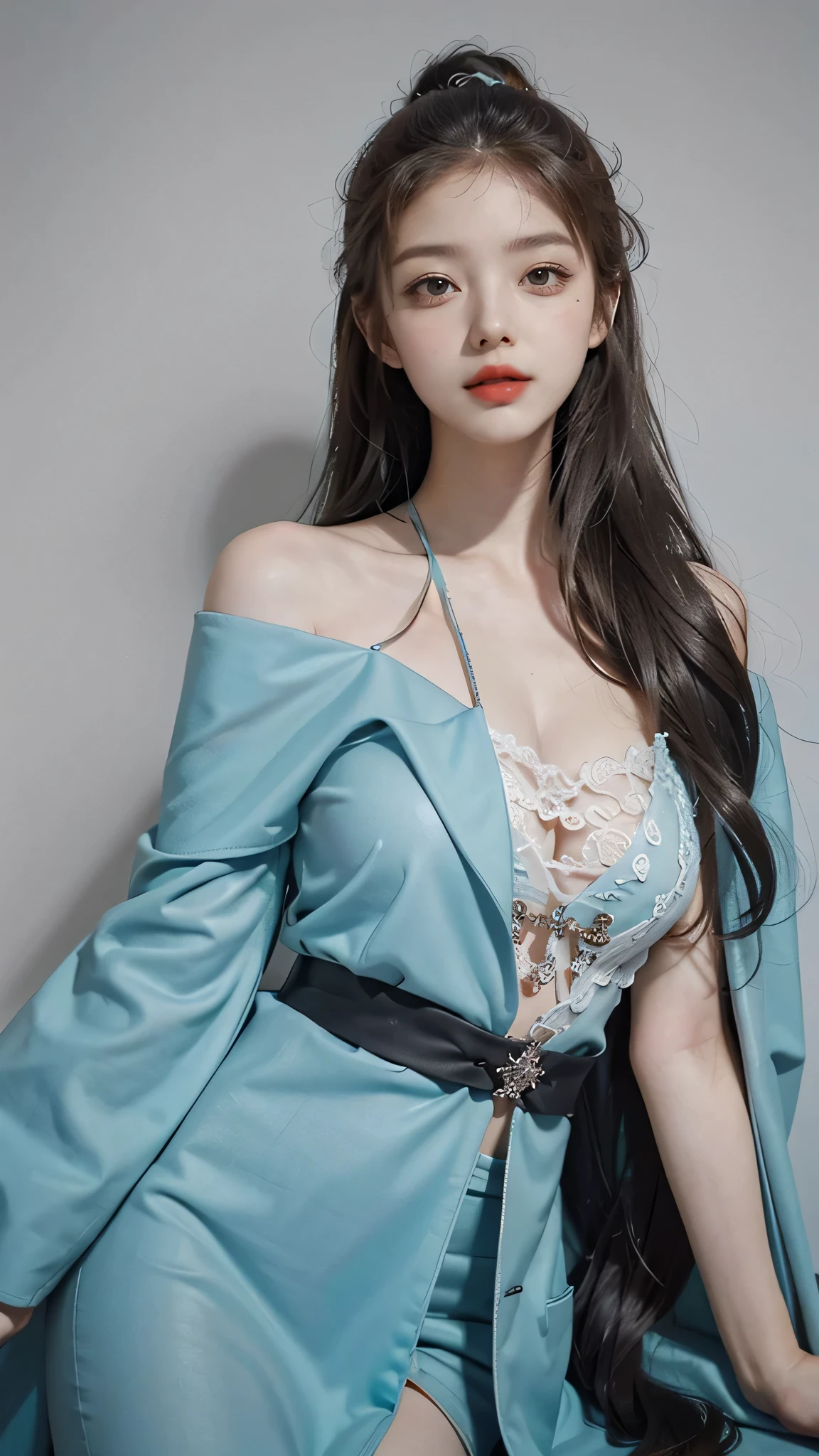 Girl wearing, luxury  cyan coat, shoulder length hair, wavy hair, glowing skin, star in eye, red lips, grey  background, cute poses 