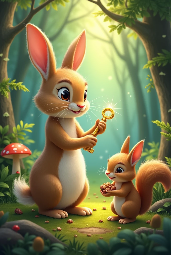 “A rabbit showing a golden key to a squirrel, who is busy gathering nuts in the forest.”