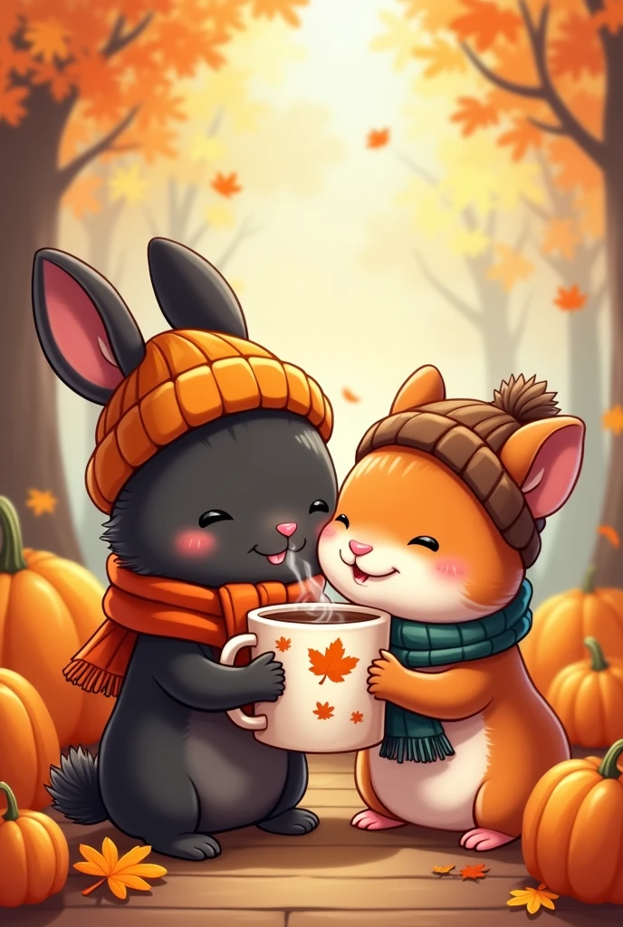 animated picture, for a mug depicting: a black mini lop rabbit, a red Syrian hamster, with autumn accessories, pumpkins, drinking a mug with coffee
