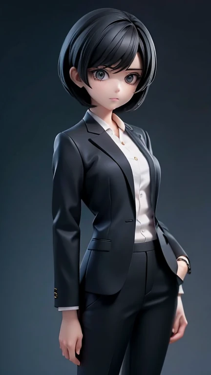 Adult sister、Black Hair,、Short Hair、In a suit、pants、