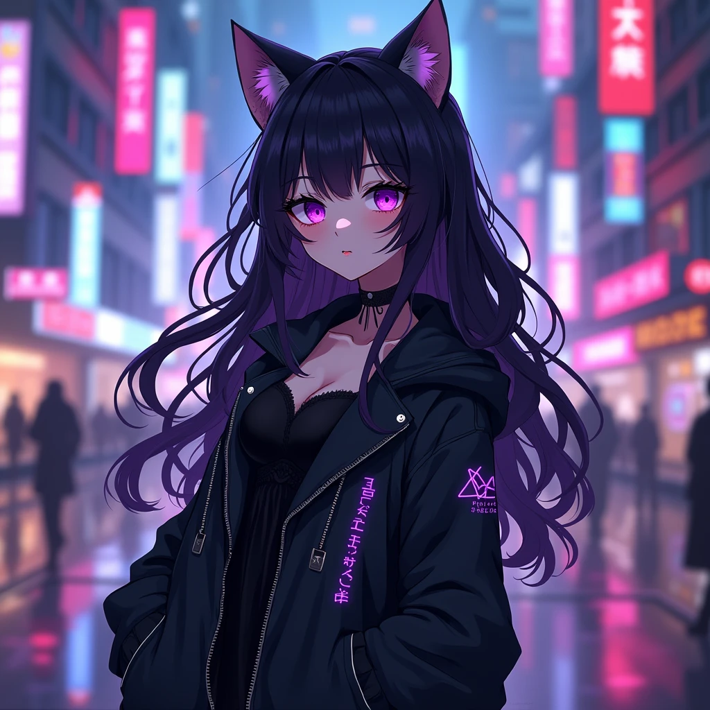 anime girl with long curly hair  wearing black aesthetic jacket outfit with cat ears and with a purple text "amethyst" on her left part of her clothes, in citylights background, 