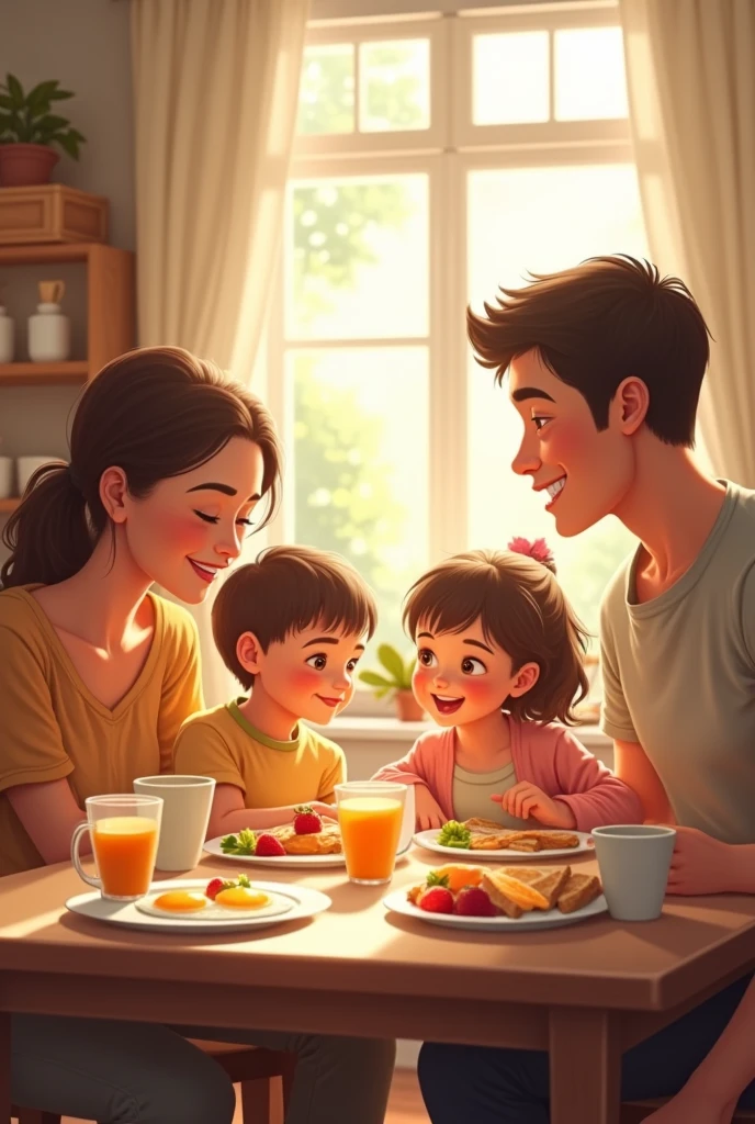 Have a family having breakfast at the table