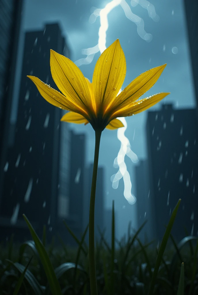 Xyris flower in dark background in thunderstorm in background buildings 