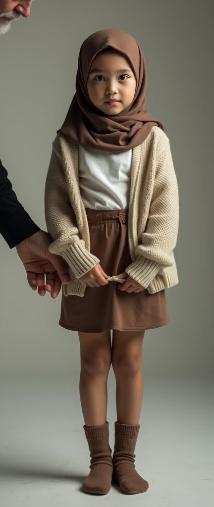 Best quality, masterpiece, ultra high resolution (photorealistic: 1.4), raw photo, 1 girl, cute and adorable girl, teenage girl, wearing brown hijab, oversized beige cardigan, white shirt, brown miniskirt, brown socks, no shoes, in a photo studio, an old man pulling up her skirt 