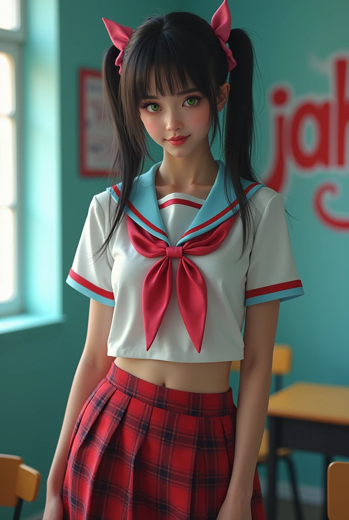 A schoolgirl stands confidently in a classroom , A sensual close-up of a stunning beauty, with her fascinating green eyes shining with mischief. Luscious lips curve into a provocative smile, attractive and playful. The lighting is warm and intimate, highlighting the subtle curves of her open legs that reveal her moist, pink crotch,. Pose with confidence, but in a seductive way, His direct and daring gaze, as if challenging the viewer to notice .with her immaculate red and blue checkered uniform with striking red piping and her pigtails with a prominent pink bow on her head. The walls of the living room are painted a soft blue, with vibrant graffiti scattered everywhere, with abstract 3D Graffiti murals with the word "JAHZ". A delicate 3D Graffiti style pattern, A plunging neckline adorns the schoolgirl&#39;s sheer white blouse , adding a touch of sensuality to your sexy outfit. Krisslove&#39;s brushstrokes bring the scene to life, masterpiece, 8k, hiper realist, realist,