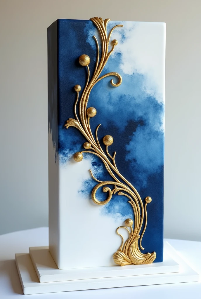 white rectangle cake designed with colour dark blue and gold