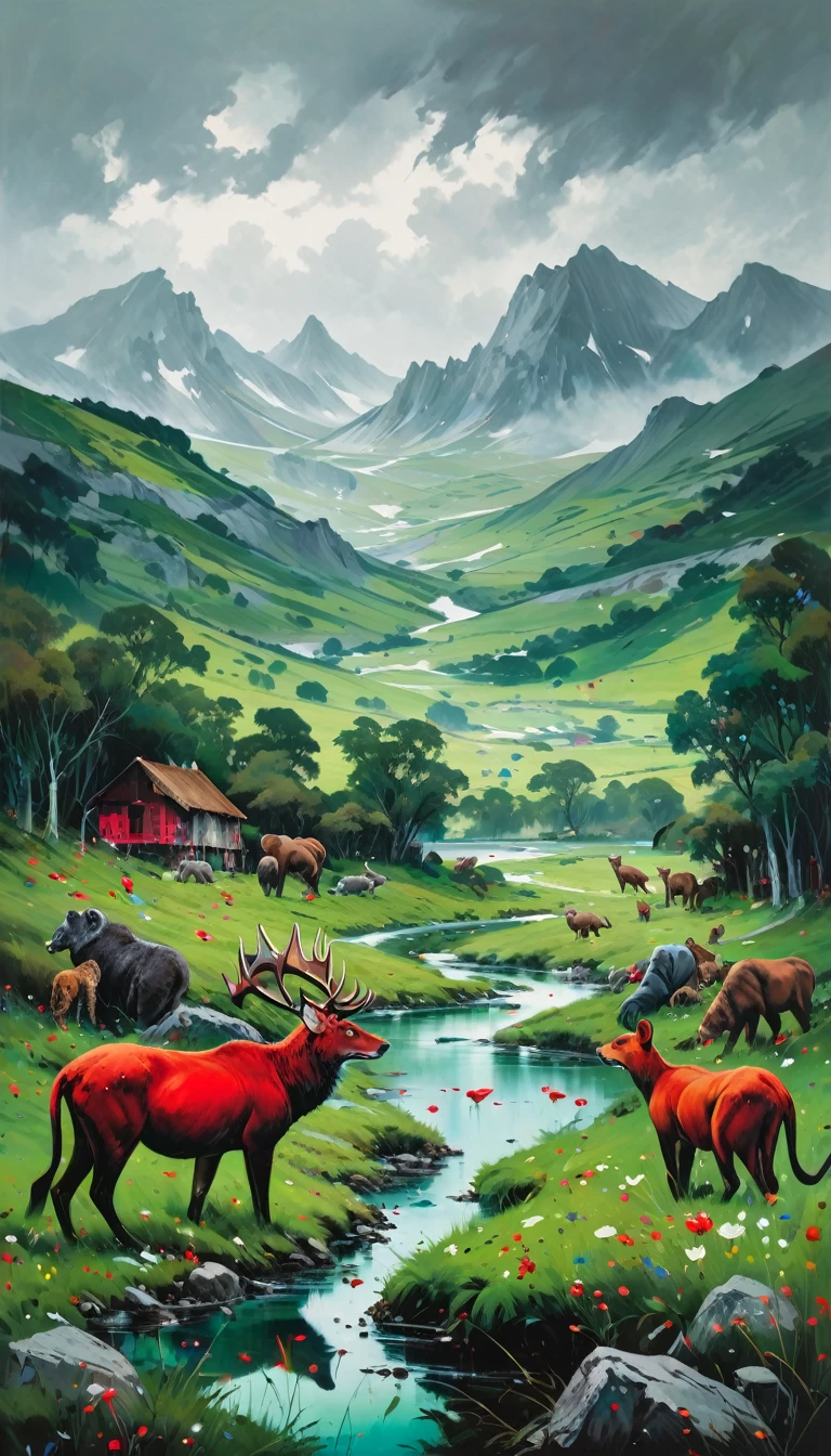 artist by Damien Hirst,inside the village,wild animals,light tones,(smooth strokes),fine sketches,Vivid,Moody,Landscapes,Fantasy,Dark,landscape oil painting, red and green colors
