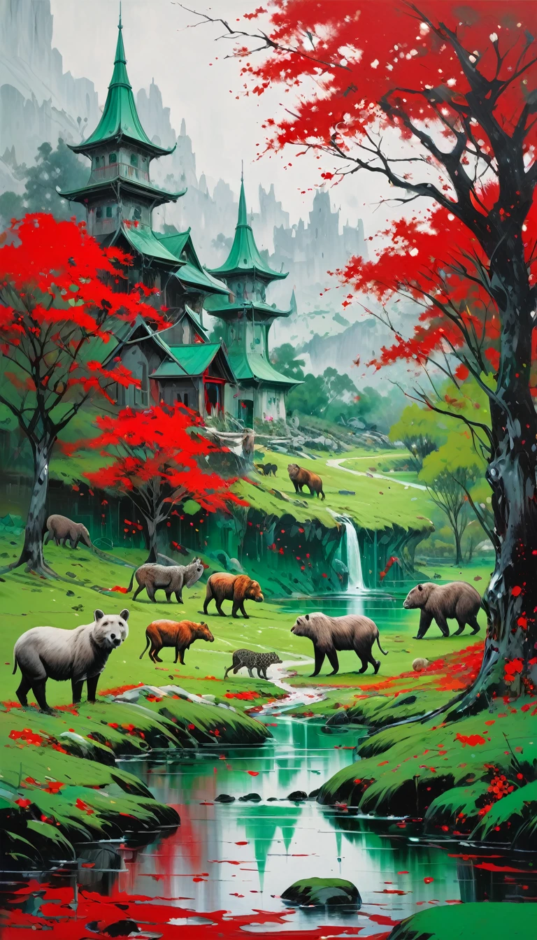 artist by Damien Hirst,inside the village,wild animals,light tones,(smooth strokes),fine sketches,Vivid,Moody,Landscapes,Fantasy,Dark,landscape oil painting, red and green colors