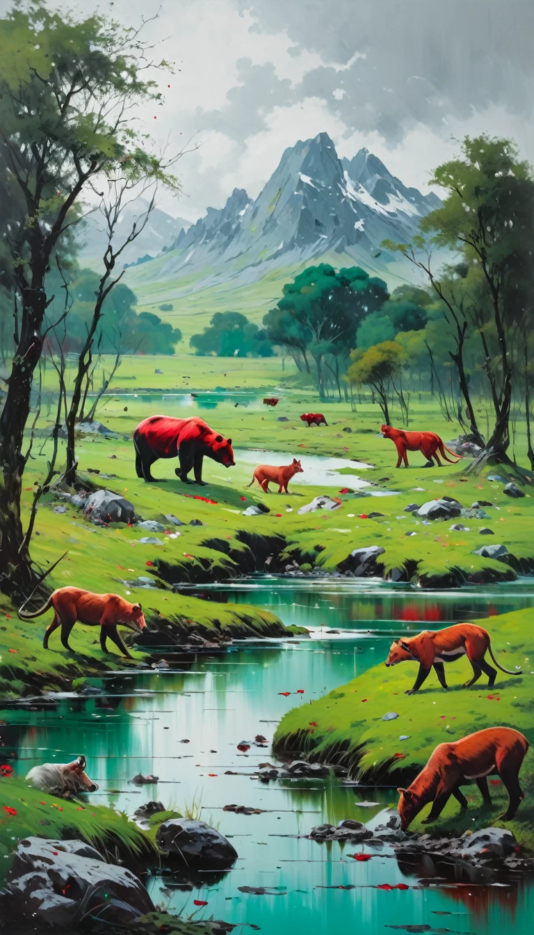 artist by Damien Hirst,inside the village,wild animals,light tones,(smooth strokes),fine sketches,Vivid,Moody,Landscapes,Fantasy,Dark,landscape oil painting, red and green colors