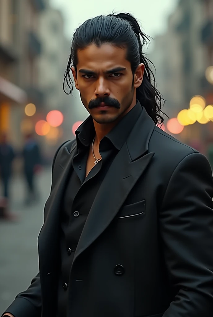 A young gangster guy who is 3 and always wear executive coats and suits .He have a horseshoe moustache not beard. Long hair with pony tale . And an attittude face looks like dulquer salmaan
