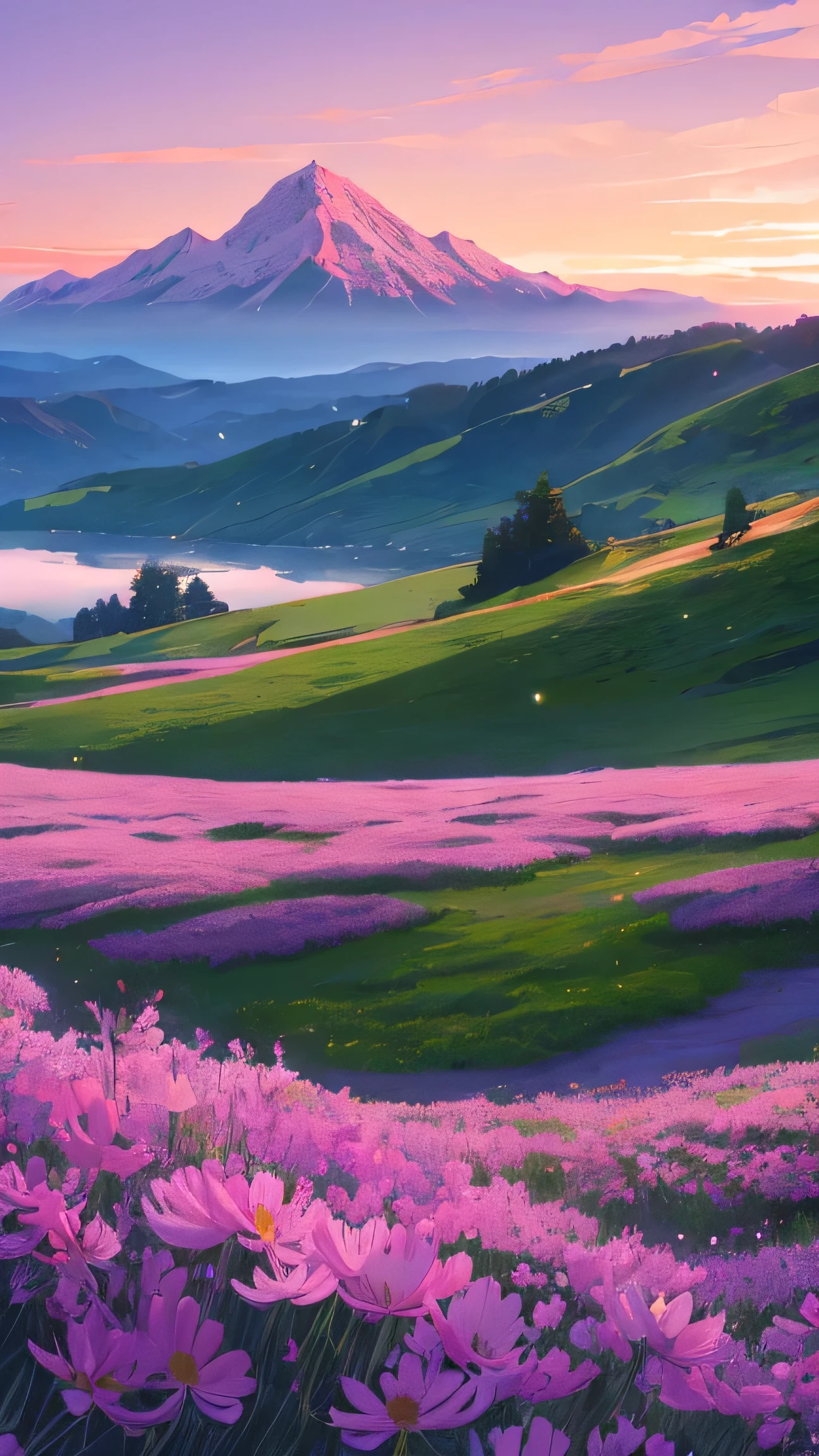 Viral anime nature wallpaper in 4K quality, in the style of photography with a 35mm lens inspired by Mamoru Hosoda, capturing a tranquil mountain meadow at dawn, the sky a gradient of pink and purple, and a gentle mist rising from the ground; cool and serene color temperature, cosmos lighting with stars twinkling in the sky, no human characters, the atmosphere is peaceful and serene --v 5 --stylize 1000